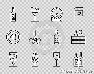 Set line Wine glass, Bottles of wine, Wooden barrel on rack, Cocktail, Glass bottle vodka, Pickled cucumber fork, and Vector Illustration
