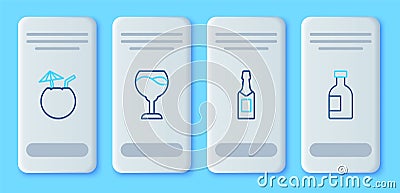 Set line Wine glass, Champagne bottle, Coconut cocktail and Glass of vodka icon. Vector Stock Photo