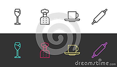 Set line Wine glass, Italian cook, Coffee cup and Rolling pin on black and white. Vector Vector Illustration