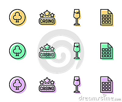 Set line Wine glass, Playing card with clubs symbol, Casino signboard and Lottery ticket icon. Vector Vector Illustration