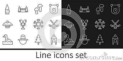 Set line Winter hat, Ice hockey sticks and puck, Mushroom, Lobster, Christmas sweater, Wooden log, Snowflake and Vector Illustration