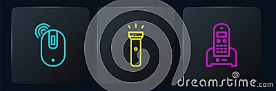 Set line Wireless computer mouse, Telephone and Flashlight. Black square button. Vector Vector Illustration