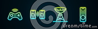 Set line Wireless gamepad, Data transfer and storage, Satellite dish and Remote control. Glowing neon icon. Vector Stock Photo