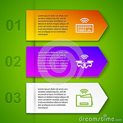 Set line Wireless keyboard, Smart drone, printer and security camera. Business infographic template. Vector Vector Illustration