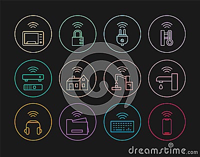 Set line Wireless smartphone, Smart water tap, electric plug, home with wireless, TV box receiver, microwave oven Vector Illustration