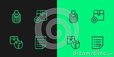 Set line Wish list template, Hot price, POS terminal and Carton cardboard box icon. Vector Vector Illustration
