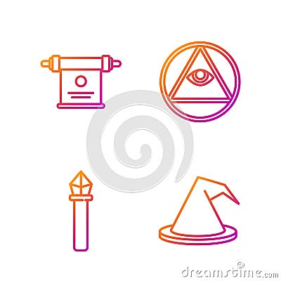 Set line Witch hat, Magic staff, Magic scroll and Masons. Gradient color icons. Vector Vector Illustration