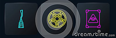 Set line Witches broom, Ancient magic book and Pentagram in circle. Black square button. Vector Stock Photo
