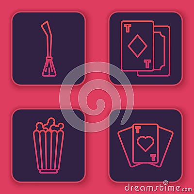 Set line Witches broom, Popcorn in box, Playing cards and Playing cards. Blue square button. Vector Stock Photo