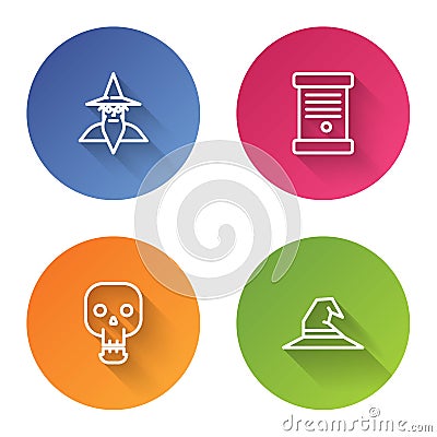 Set line Wizard warlock, Decree, paper, parchment, scroll, Skull and Witch hat. Color circle button. Vector Vector Illustration
