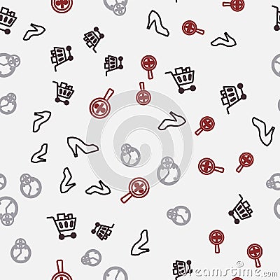 Set line Woman shoe, Shopping cart and food, Clock percent discount and Magnifying glass with on seamless pattern Vector Illustration