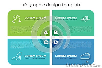 Set line Woman shoe, Wine glass, Cherry cheesecake slice and Village landscape. Business infographic template. Vector Stock Photo