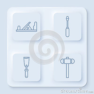 Set line Wood plane tool, Screwdriver, Putty knife and Sledgehammer. White square button. Vector Vector Illustration