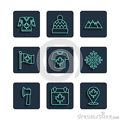 Set line Wooden axe, Canada day with maple leaf, Canadian, Mountains, Hockey jersey, Flag of, and Snowflake icon. Vector Vector Illustration