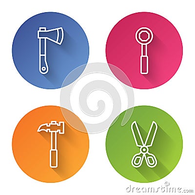 Set line Wooden axe, Wrench spanner, Claw hammer and Scissors. Color circle button. Vector Vector Illustration