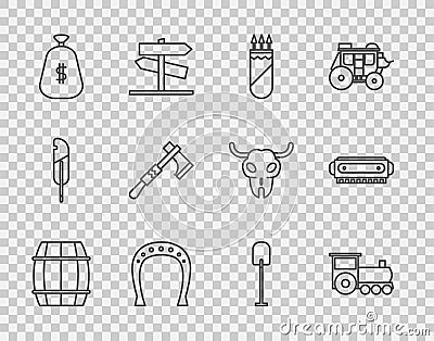 Set line Wooden barrel, Retro train, Quiver with arrows, Horseshoe, Money bag, Tomahawk axe, Shovel and Harmonica icon Vector Illustration