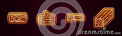 Set line Wooden log, Hacksaw and beam. Glowing neon icon. Vector Vector Illustration