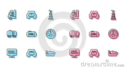 Set line Word oil, Spare wheel in the car, Gas tank for vehicle, Oil tanker ship, storage, Motor gas gauge, railway Vector Illustration