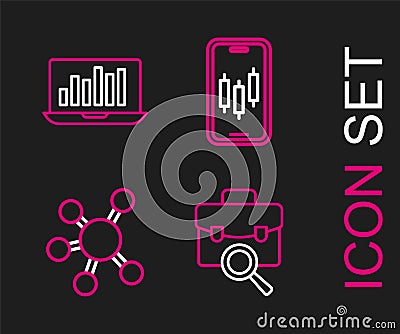 Set line Work search, Project team base, Mobile stock trading and Laptop with graph chart icon. Vector Stock Photo