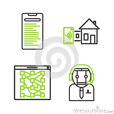 Set line Worker robot, Global technology social network, Smart home and Computer api interface icon. Vector Stock Photo