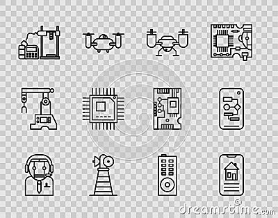 Set line Worker robot, Smart home, Drone flying with action camera, Antenna, 3D printer, Processor microcircuits CPU Vector Illustration