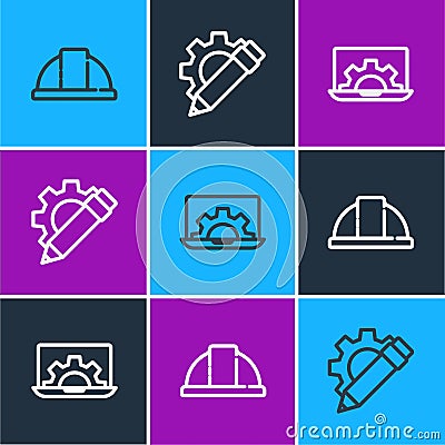 Set line Worker safety helmet, Laptop and gear and Pencil icon. Vector Vector Illustration