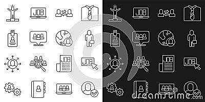 Set line Worker, Search job, Businessman, Exchange work, Project team base, Identification badge, Productive human and Vector Illustration