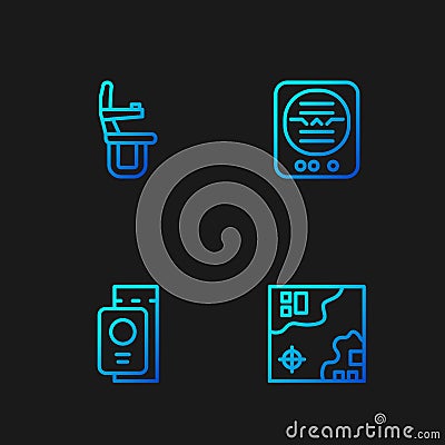 Set line World travel map, Passport with ticket, Airplane seat and Attitude indicator. Gradient color icons. Vector Stock Photo