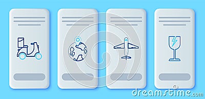 Set line Worldwide, Plane, Scooter delivery and Fragile broken glass symbol icon. Vector Stock Photo