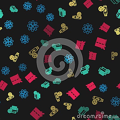 Set line Wrench and screwdriver in gear, Printer service, USB flash and Database server on seamless pattern. Vector Vector Illustration