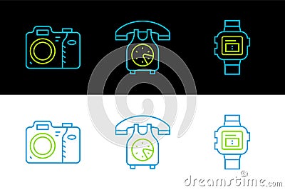 Set line Wrist watch, Photo camera and Telephone handset icon. Vector Stock Photo