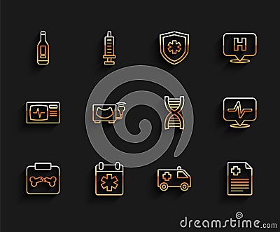 Set line X-ray shots with broken bone, Doctor appointment, Digital thermometer, Ambulance car, Patient record Vector Illustration