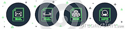 Set line XML file document, 3DS, EML and MP3 icon. Vector Vector Illustration