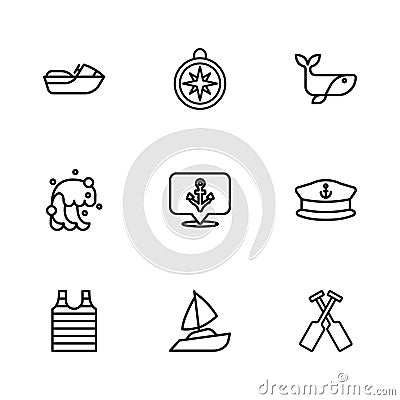 Set line Yacht sailboat, Captain hat, Crossed oars or paddles, Anchor, Whale, Jet ski, Compass and Tsunami icon. Vector Vector Illustration