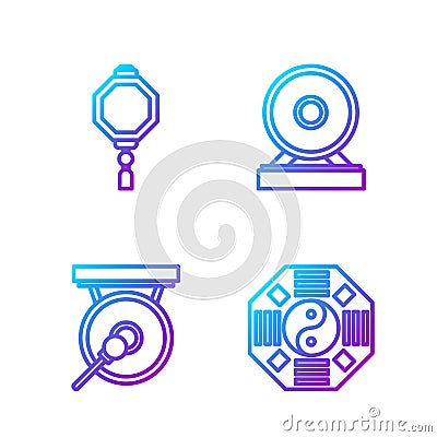 Set line Yin Yang, Gong, Chinese paper lantern and Gong. Gradient color icons. Vector Vector Illustration