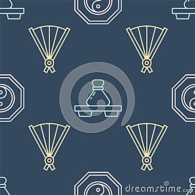 Set line Yin Yang, Paper chinese folding fan and Dumpling on cutting board on seamless pattern. Vector Vector Illustration