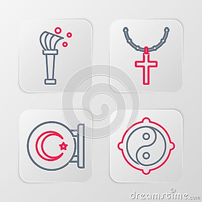 Set line Yin Yang, Star and crescent, Christian cross on chain and Aspergillum icon. Vector Stock Photo