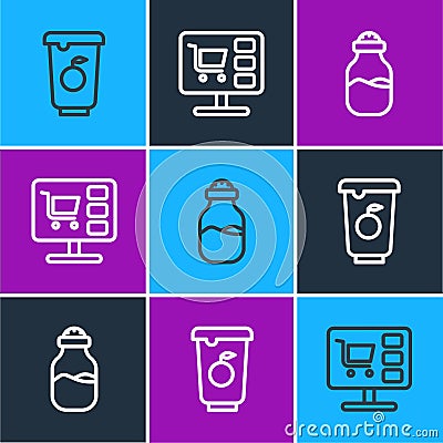 Set line Yogurt container, Spice can and Shopping cart computer icon. Vector Vector Illustration
