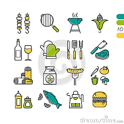 Set linear BBQ grill colored icons Stock Photo