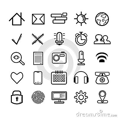Set of 25 linear black smooth icons Vector Illustration