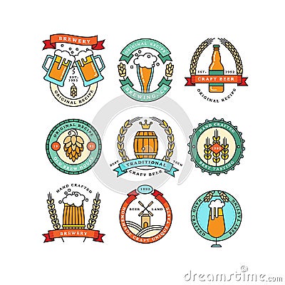 Set of linear brewery logos. Labels with bottles and hops Vector Illustration