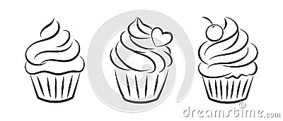 Set of linear cupcake silhouettes, line art, clipart isolated on white background. Sweet desserts. Food illustration Vector Illustration