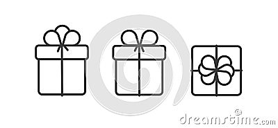 Set of linear gift boxes icons, side and top views with different bows, simle graphic element Vector Illustration