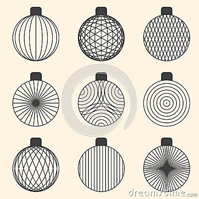 Set of linear graphic Christmas ball toys Vector Illustration