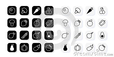 A set of linear healthy food icons. Two icon set options. Vector illustration isolated on a white background. Vector Illustration