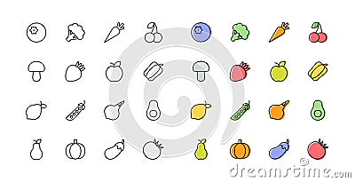 A set of linear healthy food icons. Two icon set options. Vector illustration isolated on a white background. Vector Illustration