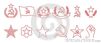 Set of linear icon of communism. Hammer, sickle, wreath, star, flag, gear and fist of rebellion. Red Soviet emblems Vector Illustration