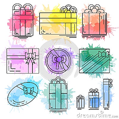 Set of linear icons of festive gifts of various shapes with watercolor splashes. Vector Illustration