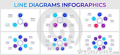 Set of linear infographic elements of cycle diagram template with 3, 4, 5, 6, 7 and 8 circles and icons Vector Illustration