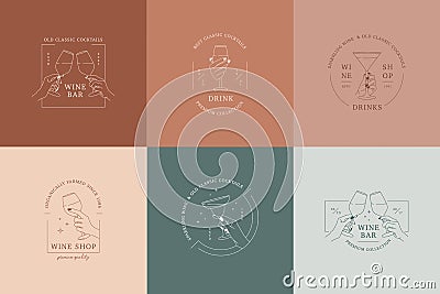 Set of linear logos or emblem template for alcohol store, wine bar, drink shop, cocktail cafe. Hands in different Vector Illustration